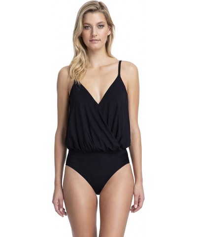 Women's V-Neck Blouson One Piece Swimsuit Lattice Black $45.22 Swimsuits