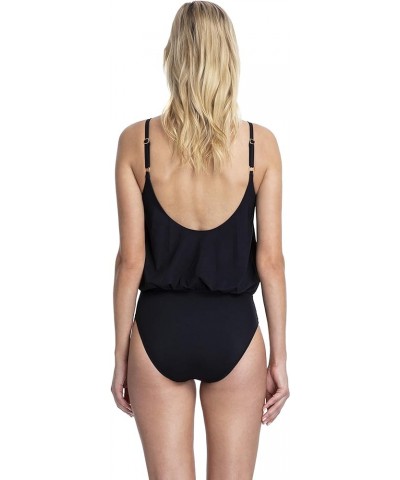 Women's V-Neck Blouson One Piece Swimsuit Lattice Black $45.22 Swimsuits