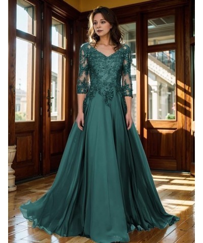 Mother of The Bride Dresses Long Lace Evening Dress V Neck Chiffon Formal Gowns with Sleeves Dusty Blue $31.50 Dresses