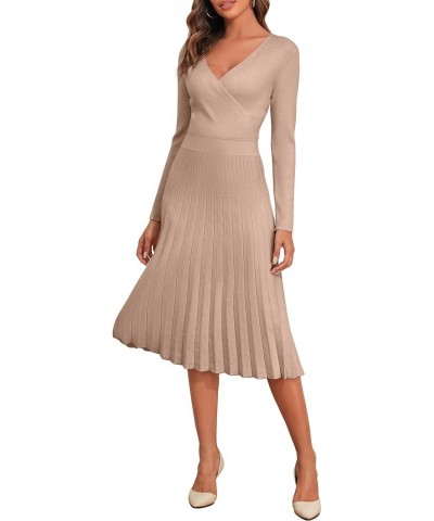 Women's V Neck Wrap Sweater Dress Long Sleeve Ribbed Knit Pleated Swing A Line Midi Dresses Warm Taupe $23.05 Sweaters