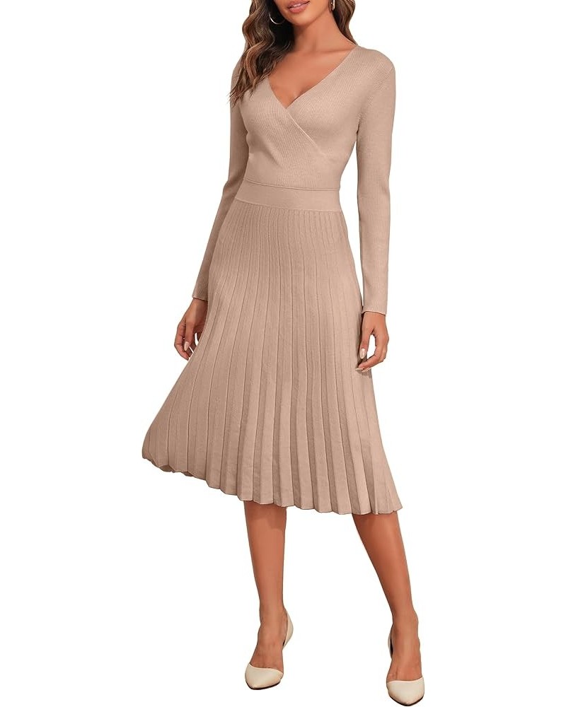 Women's V Neck Wrap Sweater Dress Long Sleeve Ribbed Knit Pleated Swing A Line Midi Dresses Warm Taupe $23.05 Sweaters