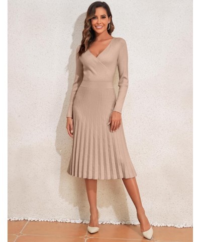 Women's V Neck Wrap Sweater Dress Long Sleeve Ribbed Knit Pleated Swing A Line Midi Dresses Warm Taupe $23.05 Sweaters