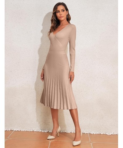 Women's V Neck Wrap Sweater Dress Long Sleeve Ribbed Knit Pleated Swing A Line Midi Dresses Warm Taupe $23.05 Sweaters