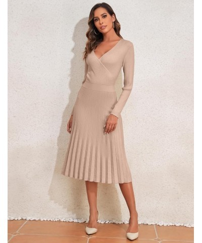 Women's V Neck Wrap Sweater Dress Long Sleeve Ribbed Knit Pleated Swing A Line Midi Dresses Warm Taupe $23.05 Sweaters