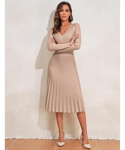 Women's V Neck Wrap Sweater Dress Long Sleeve Ribbed Knit Pleated Swing A Line Midi Dresses Warm Taupe $23.05 Sweaters