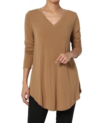 Women's S~3X Essential Long Sleeve V-Neck Draped Jersey Knit Rounded Hem Top Deep Camel $10.45 Tops