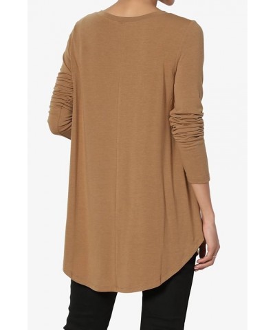 Women's S~3X Essential Long Sleeve V-Neck Draped Jersey Knit Rounded Hem Top Deep Camel $10.45 Tops