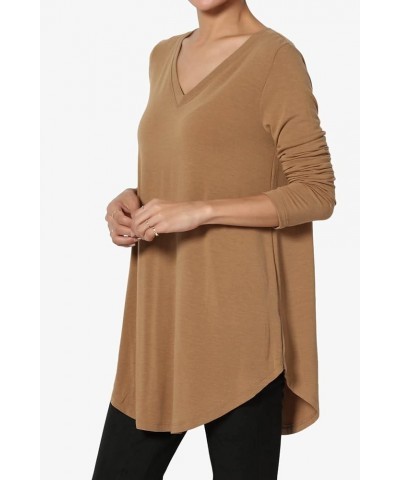 Women's S~3X Essential Long Sleeve V-Neck Draped Jersey Knit Rounded Hem Top Deep Camel $10.45 Tops