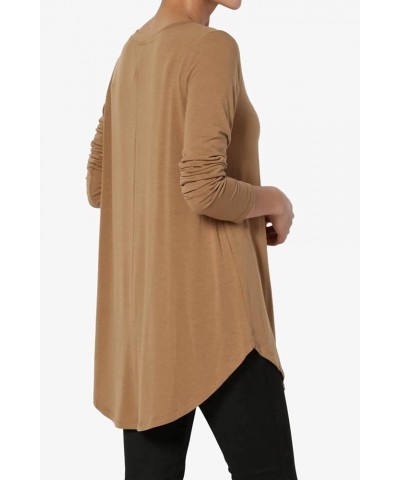 Women's S~3X Essential Long Sleeve V-Neck Draped Jersey Knit Rounded Hem Top Deep Camel $10.45 Tops