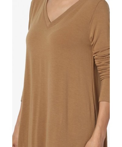 Women's S~3X Essential Long Sleeve V-Neck Draped Jersey Knit Rounded Hem Top Deep Camel $10.45 Tops