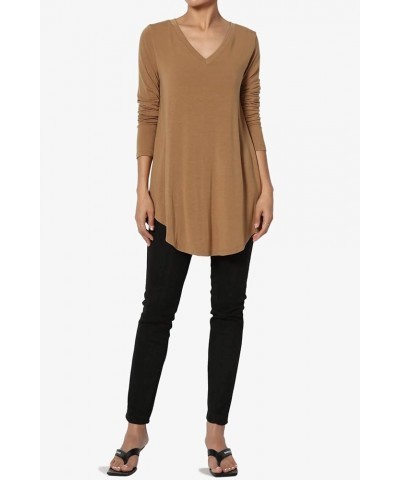 Women's S~3X Essential Long Sleeve V-Neck Draped Jersey Knit Rounded Hem Top Deep Camel $10.45 Tops