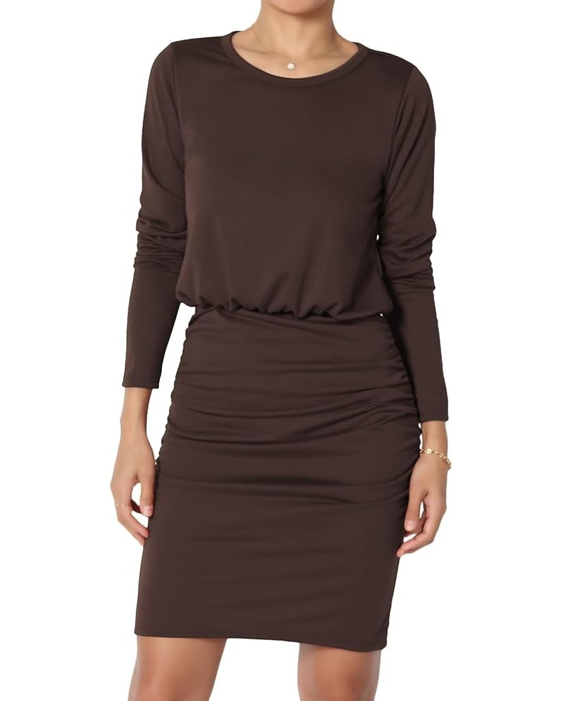 S~3X Long Sleeve Blouson Bodycon Casual Ruched Mini T-Shirt Dress Dark Brown $13.20 Dresses