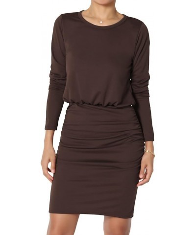 S~3X Long Sleeve Blouson Bodycon Casual Ruched Mini T-Shirt Dress Dark Brown $13.20 Dresses