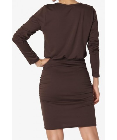 S~3X Long Sleeve Blouson Bodycon Casual Ruched Mini T-Shirt Dress Dark Brown $13.20 Dresses