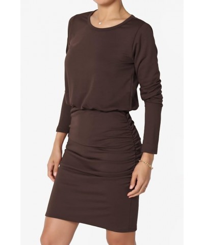 S~3X Long Sleeve Blouson Bodycon Casual Ruched Mini T-Shirt Dress Dark Brown $13.20 Dresses