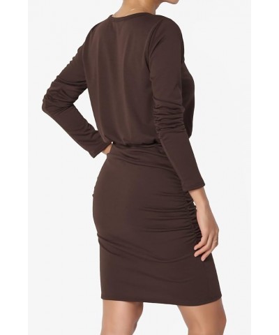 S~3X Long Sleeve Blouson Bodycon Casual Ruched Mini T-Shirt Dress Dark Brown $13.20 Dresses