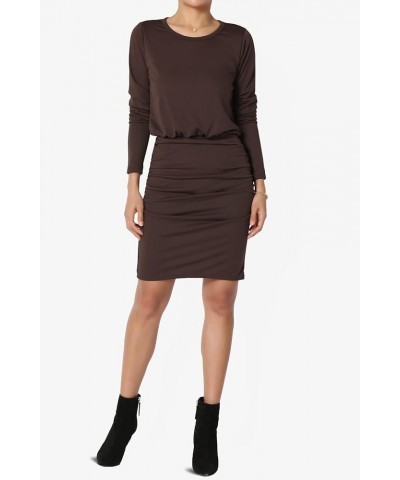 S~3X Long Sleeve Blouson Bodycon Casual Ruched Mini T-Shirt Dress Dark Brown $13.20 Dresses