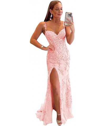 Women's Spaghetti Straps Mermaid Prom Dresses with Slit Long Tulle Lace Appliques Formal Evening Gowns YG118 Blush Pink $42.6...