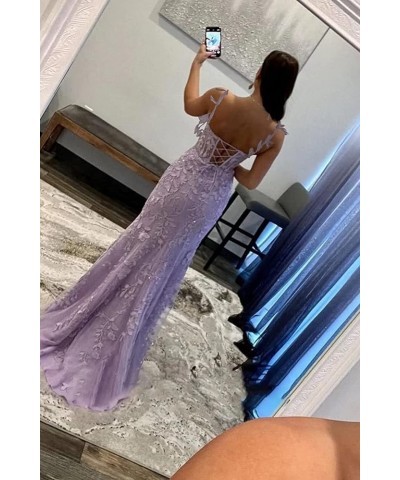 Women's Spaghetti Straps Mermaid Prom Dresses with Slit Long Tulle Lace Appliques Formal Evening Gowns YG118 Blush Pink $42.6...