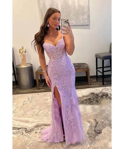 Women's Spaghetti Straps Mermaid Prom Dresses with Slit Long Tulle Lace Appliques Formal Evening Gowns YG118 Blush Pink $42.6...