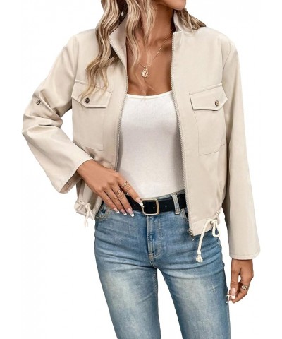 Women's Casual Roll Up Long Sleeve Drawstring Zip Up Jacket with Front Pocket Apricot $11.50 Jackets