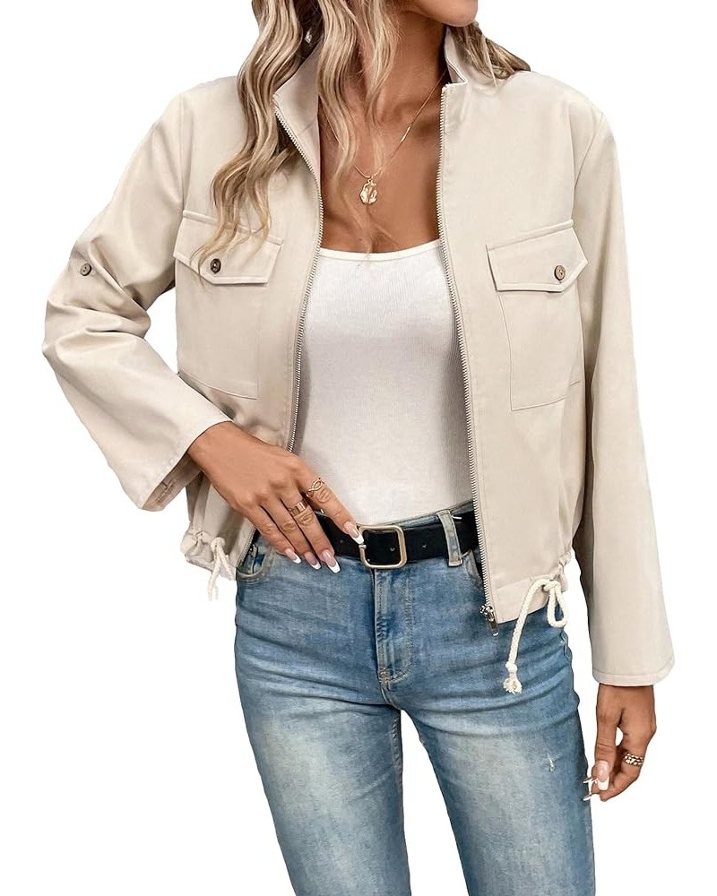 Women's Casual Roll Up Long Sleeve Drawstring Zip Up Jacket with Front Pocket Apricot $11.50 Jackets