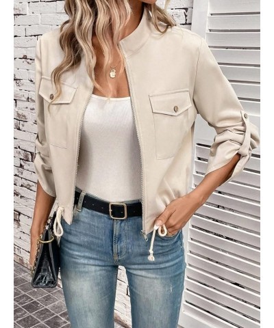 Women's Casual Roll Up Long Sleeve Drawstring Zip Up Jacket with Front Pocket Apricot $11.50 Jackets