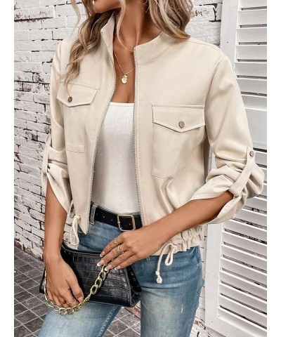 Women's Casual Roll Up Long Sleeve Drawstring Zip Up Jacket with Front Pocket Apricot $11.50 Jackets