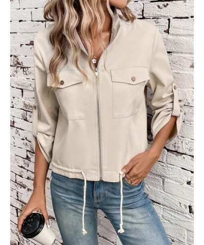 Women's Casual Roll Up Long Sleeve Drawstring Zip Up Jacket with Front Pocket Apricot $11.50 Jackets