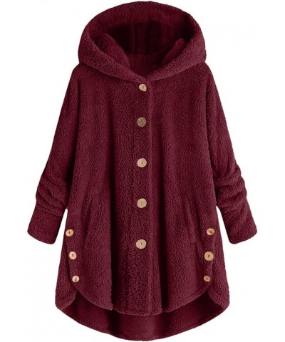 Winter Fluffy Fleece Hooded Coats for Women Plus Size Cute Button Down Jacket Tops 2023 Thicken Warm Casual Outerwear C- Wine...