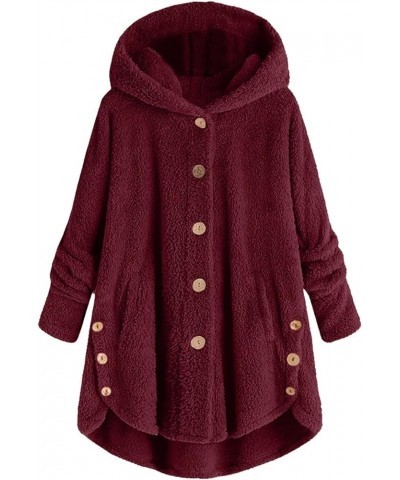 Winter Fluffy Fleece Hooded Coats for Women Plus Size Cute Button Down Jacket Tops 2023 Thicken Warm Casual Outerwear C- Wine...