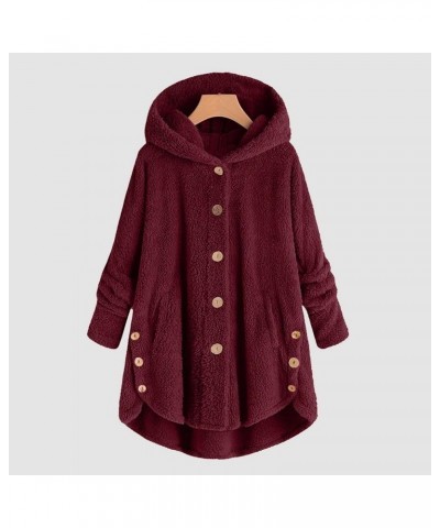 Winter Fluffy Fleece Hooded Coats for Women Plus Size Cute Button Down Jacket Tops 2023 Thicken Warm Casual Outerwear C- Wine...