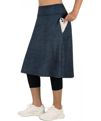 Women Long Knee Length Skirt with Capris Leggings,Skirted Leggings with High Waisted Zipper Pockets Dark Denim Blue $14.71 Le...