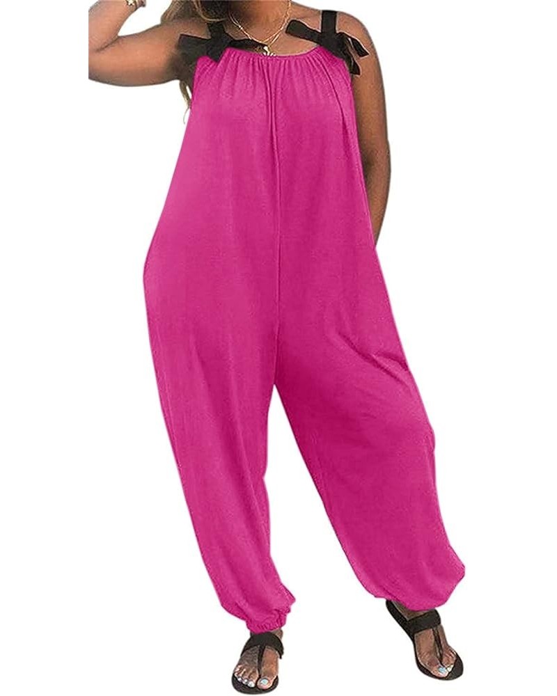 Wonens Plus Size Overalls Spaghetti Strap Baggy Romper Harem Wide Leg Jumpsuit With Pockets Hot Pink $24.48 Jumpsuits