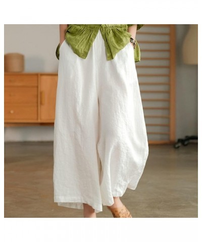 Wide Legged Pants for Women Cotton Linen Palazzo Trousers Boho Casual Capris Summer Crop Pants with Pockets J05-white $9.89 P...