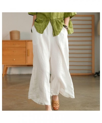 Wide Legged Pants for Women Cotton Linen Palazzo Trousers Boho Casual Capris Summer Crop Pants with Pockets J05-white $9.89 P...