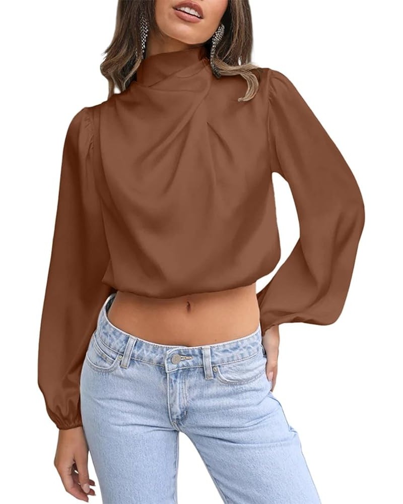 Satin Blouses for Women Dressy Cowl Neck Long Sleeve Crop Tops Casual Tunic Tops Brown $18.47 Tops