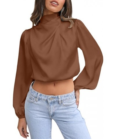 Satin Blouses for Women Dressy Cowl Neck Long Sleeve Crop Tops Casual Tunic Tops Brown $18.47 Tops