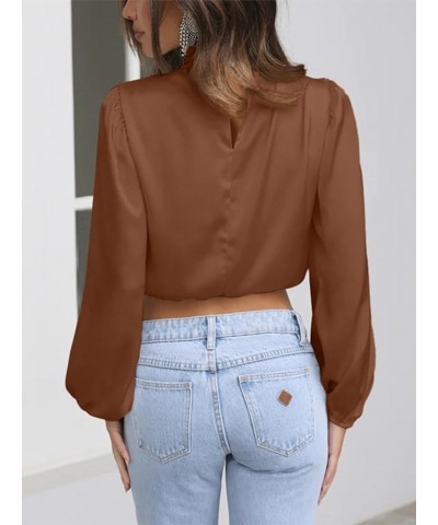 Satin Blouses for Women Dressy Cowl Neck Long Sleeve Crop Tops Casual Tunic Tops Brown $18.47 Tops