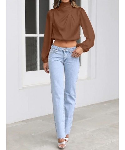 Satin Blouses for Women Dressy Cowl Neck Long Sleeve Crop Tops Casual Tunic Tops Brown $18.47 Tops