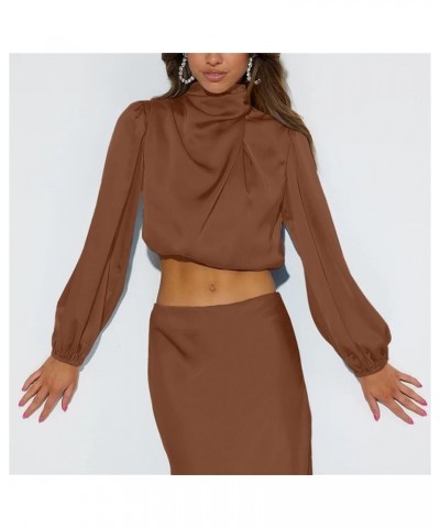 Satin Blouses for Women Dressy Cowl Neck Long Sleeve Crop Tops Casual Tunic Tops Brown $18.47 Tops