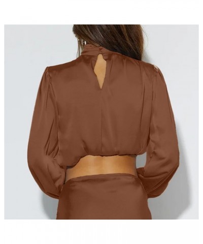 Satin Blouses for Women Dressy Cowl Neck Long Sleeve Crop Tops Casual Tunic Tops Brown $18.47 Tops