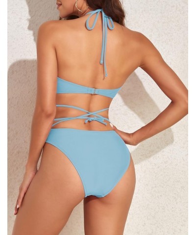 Womens Thong Bikini Swimsuit Cross Front Sexy Strappy Halter Brazilian Swimwear High Cut Two Piece Bathing Suit Cool Blue $10...