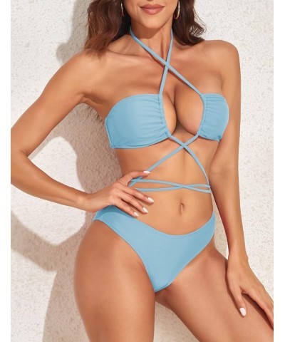 Womens Thong Bikini Swimsuit Cross Front Sexy Strappy Halter Brazilian Swimwear High Cut Two Piece Bathing Suit Cool Blue $10...