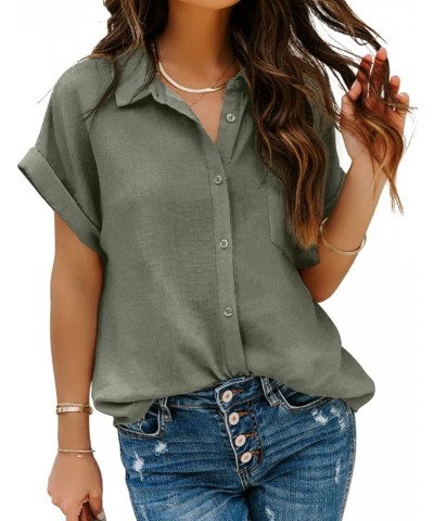 Women Chiffon Button Down Shirts with Pocket Short Sleeve Office Blouses V Neck Casual Business Tops Slim Fit Shirts Army Gre...