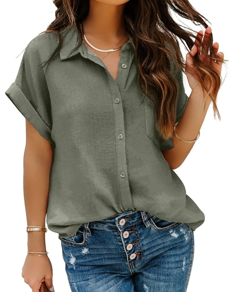 Women Chiffon Button Down Shirts with Pocket Short Sleeve Office Blouses V Neck Casual Business Tops Slim Fit Shirts Army Gre...