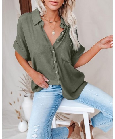 Women Chiffon Button Down Shirts with Pocket Short Sleeve Office Blouses V Neck Casual Business Tops Slim Fit Shirts Army Gre...