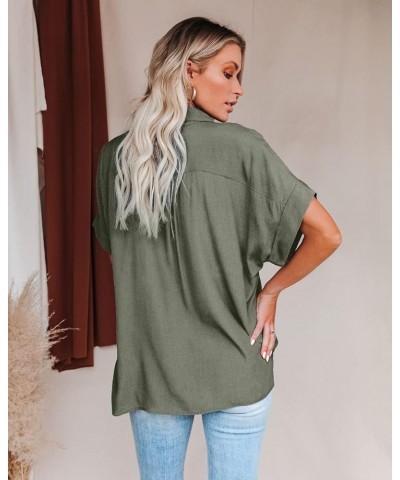 Women Chiffon Button Down Shirts with Pocket Short Sleeve Office Blouses V Neck Casual Business Tops Slim Fit Shirts Army Gre...