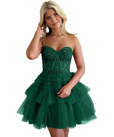 Strapless Corset Homecoming Dress for Teens 2023 Short Tiered Ruffles Prom Dress Glitter Tullle Cocktail Gown Emerald Green $...