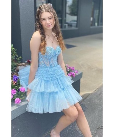 Strapless Corset Homecoming Dress for Teens 2023 Short Tiered Ruffles Prom Dress Glitter Tullle Cocktail Gown Emerald Green $...